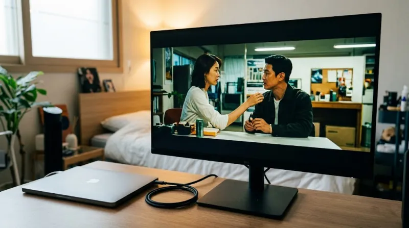 C타입 케이블 하나로 노트북과 연결되어 깔끔한 32인치 4K 스마트 모니터 책상