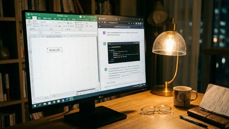 챗GPT 엑셀 자동화 - 엑셀 오류 해결을 위해 챗GPT와 대화하며 집중하는 모습