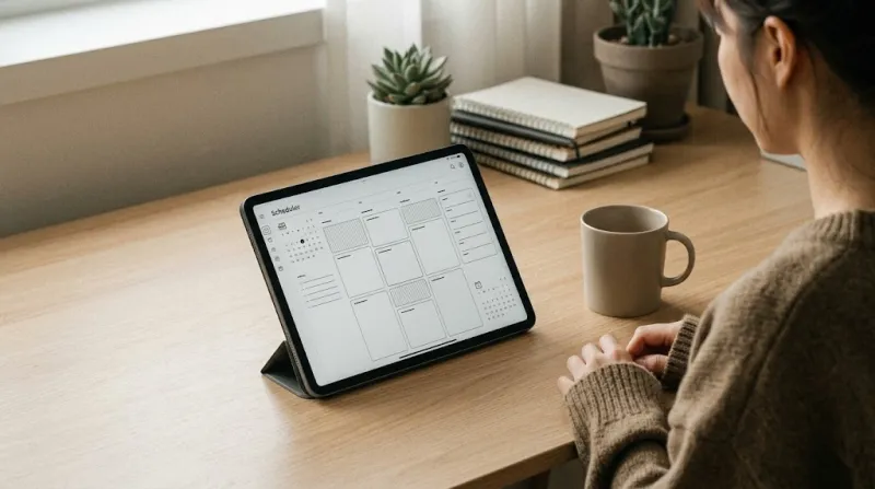 굿노트 할 일 관리 다이어리가 켜진 책상 풍경
