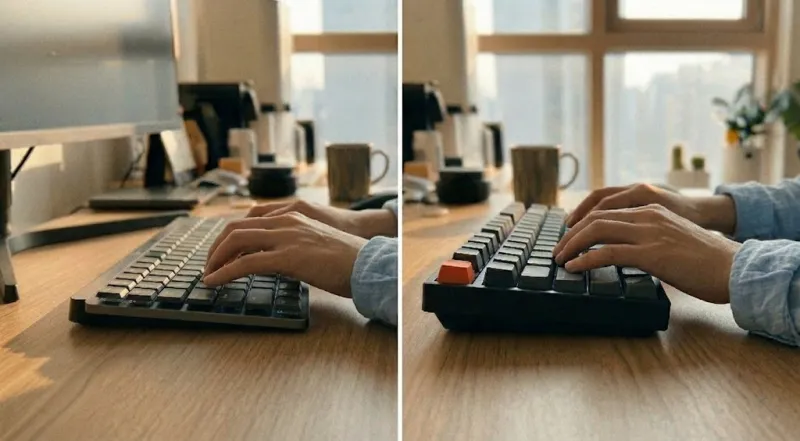 로지텍 vs 키크론 측면 높이 및 각도 비교