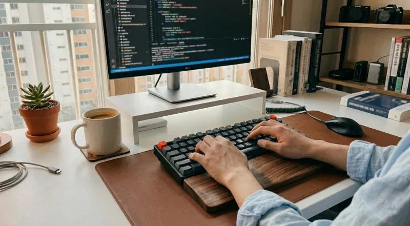 저소음 기계식 키보드 추천 - 키크론 K8 원목 팜레스트 데스크테리어 세팅