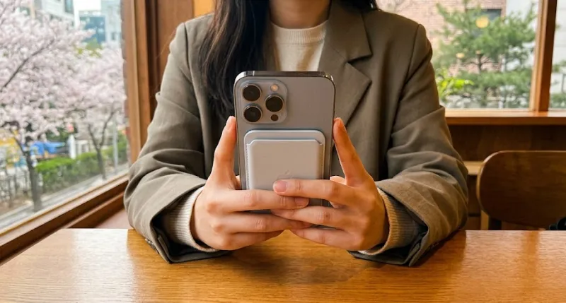 아이폰 뒷면에 슬림 맥세이프 보조배터리를 부착한 모습