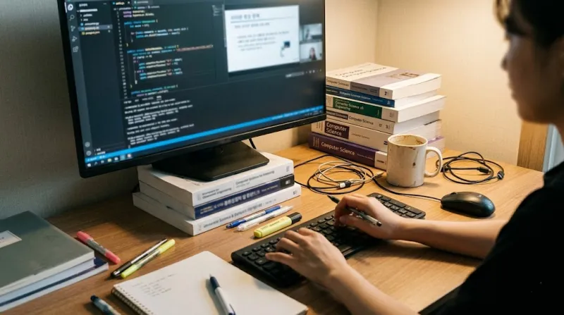 전공 서적과 커피잔이 있는 현실적인 대학생의 가성비 4K 스마트 모니터 책상 환경