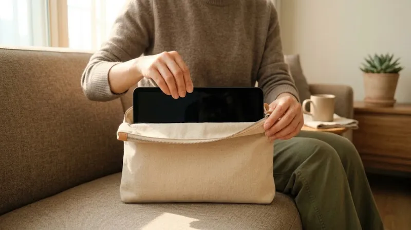 소파 위에 놓인 태블릿 파우치와 보호 케이스