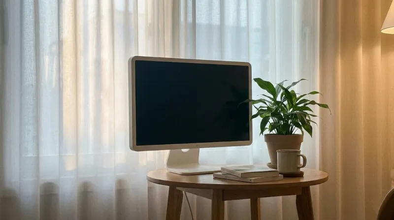 햇살이 들어오는 창가 원목 테이블 위의 감성적인 화이트 스마트 모니터와 반려식물