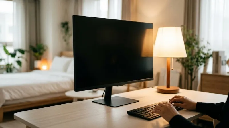 화이트 우드 책상과 미드센추리 모던 조명이 있는 원룸 스마트 모니터 데스크테리어