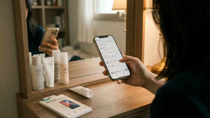 화장대 위 거울에 비친 스마트폰 쥔 손과 생활 소품