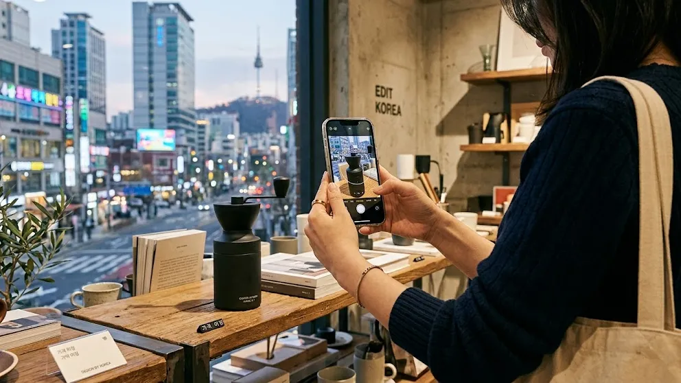 스마트렌즈로 물건을 촬영하는 스마트폰과 손