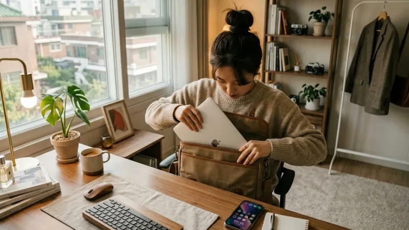 세련된 원룸 데스크테리어와 노트북