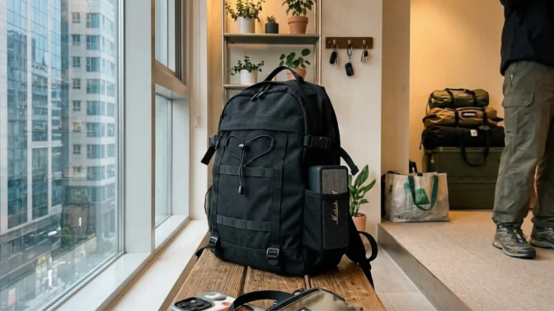 고프코어 백팩에 수납된 마샬 휴대용 스피커