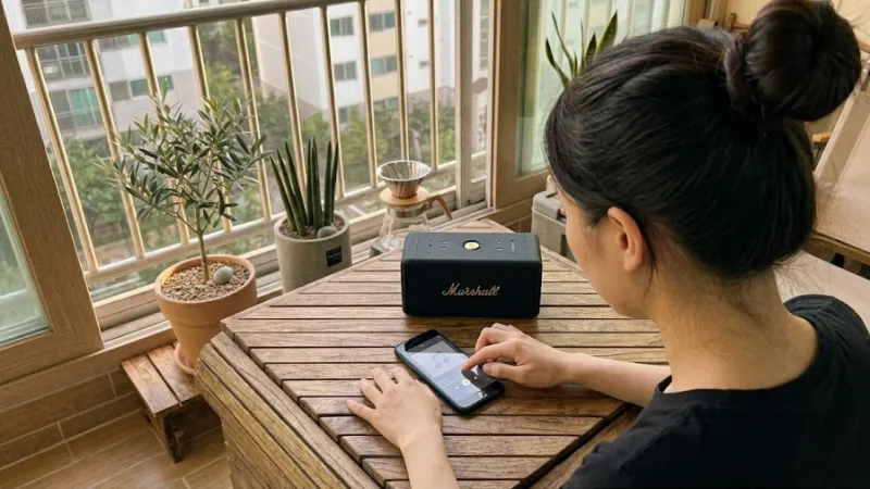 마샬 스피커와 아이폰 SE 3 블루투스 연결 조작 모습