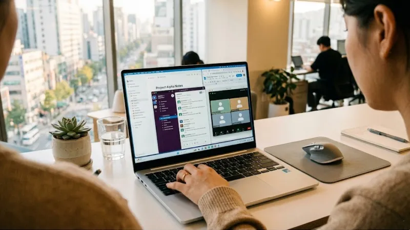 세련된 공유 오피스 AI 노트북 작업