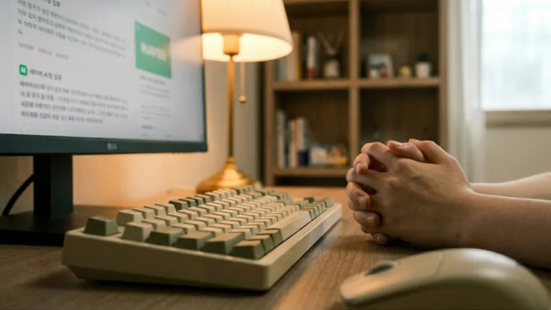 모니터 앞 깍지 낀 손과 AI 검색 결과 화면
