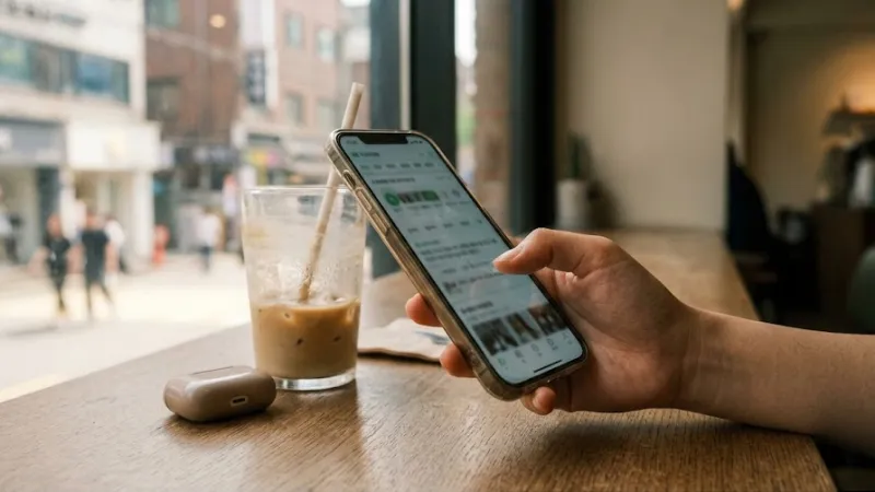 네이버 AI 탭 후기 - 카페 테이블 위 스마트폰을 쥔 손과 커피