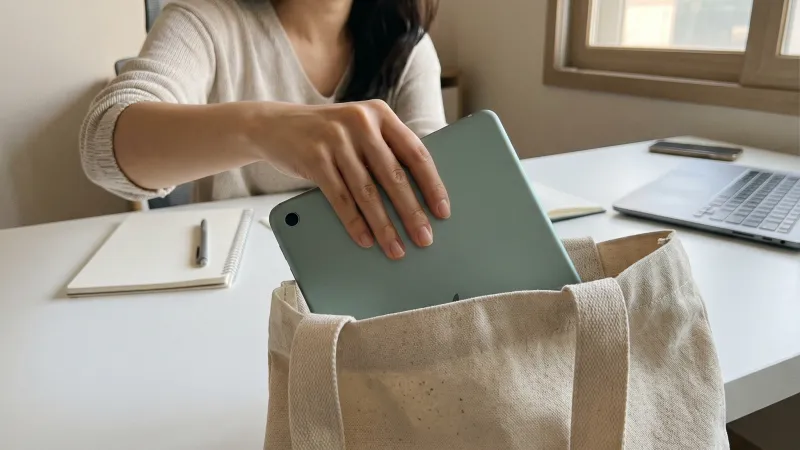 캔버스 에코백에 가벼운 태블릿을 챙겨 넣는 모습