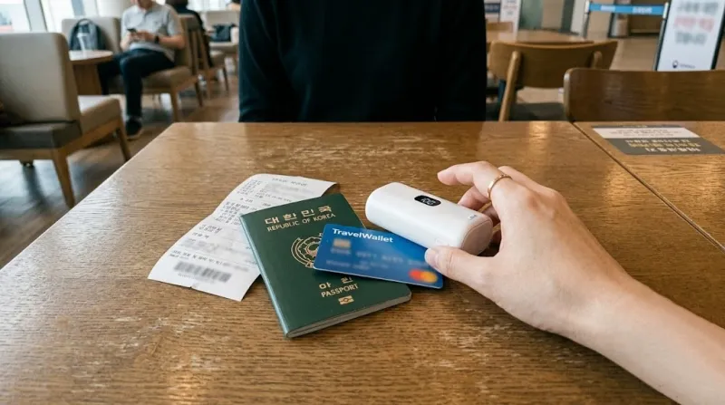 공항 라운지 테이블에 놓인 여권과 트래블월렛 카드 그리고 보조배터리