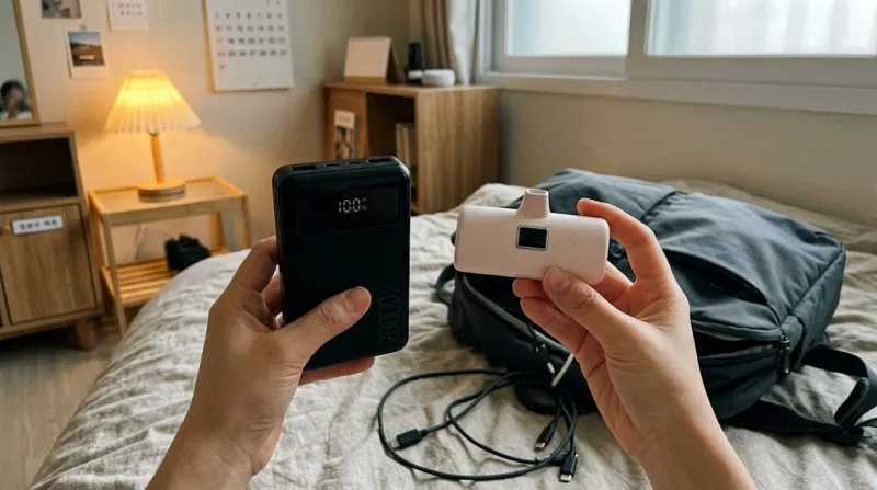 20000mAh 보조배터리와 도킹형 보조배터리를 비교하는 모습