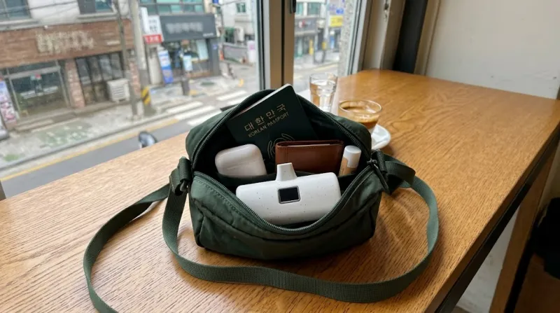 작은 크기의 도킹형 보조배터리가 들어간 여행용 크로스백