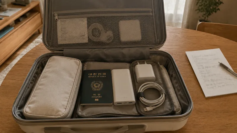 여행 출발 전 보조배터리와 충전기를 준비한 캐리어