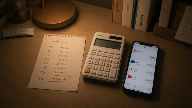 메모지와 계산기, 스마트폰이 놓인 여행 경비 계산 책상 모습