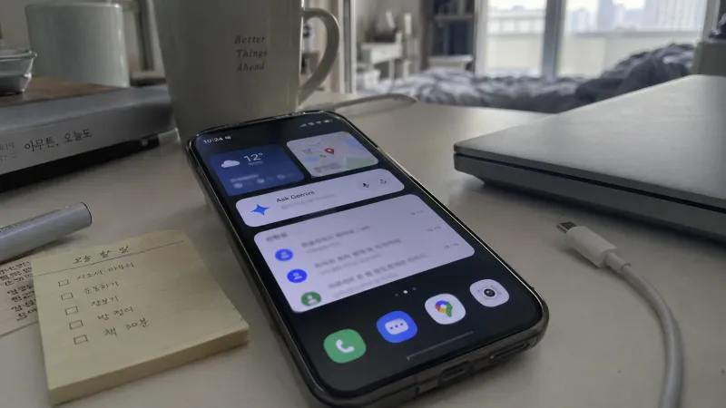 Android Drop의 Gemini와 메시지 위치 기능이 표시된 안드로이드 스마트폰