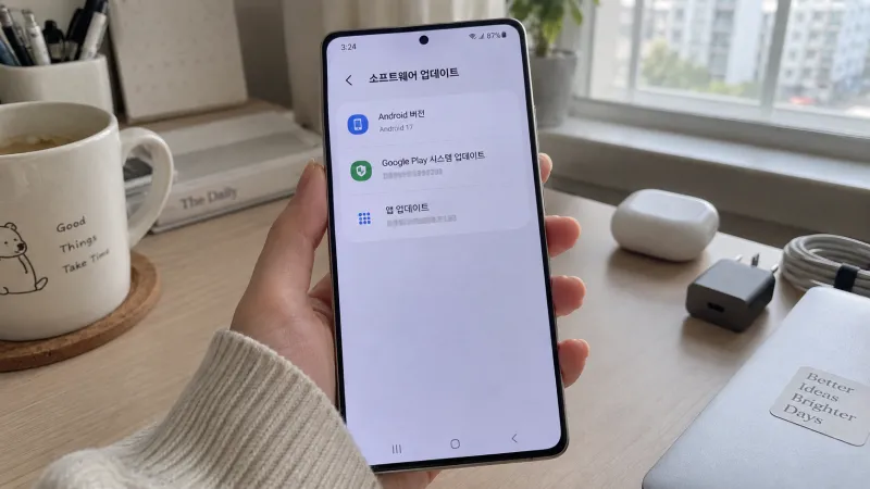 안드로이드 버전과 Google Play 업데이트 상태를 확인하는 스마트폰