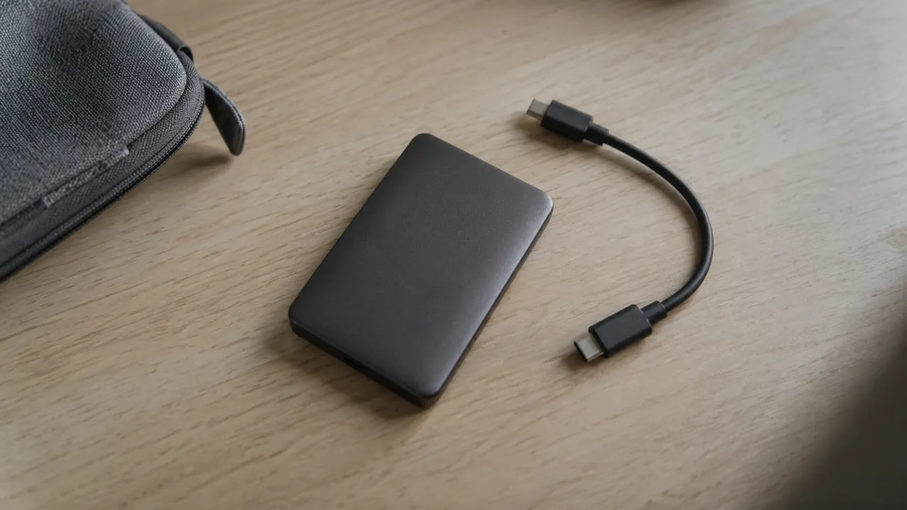 겔럭시 저장 공간 부족 - 사진 백업을 준비하며 책상 위에 놓은 포터블 SSD와 USB-C 케이블