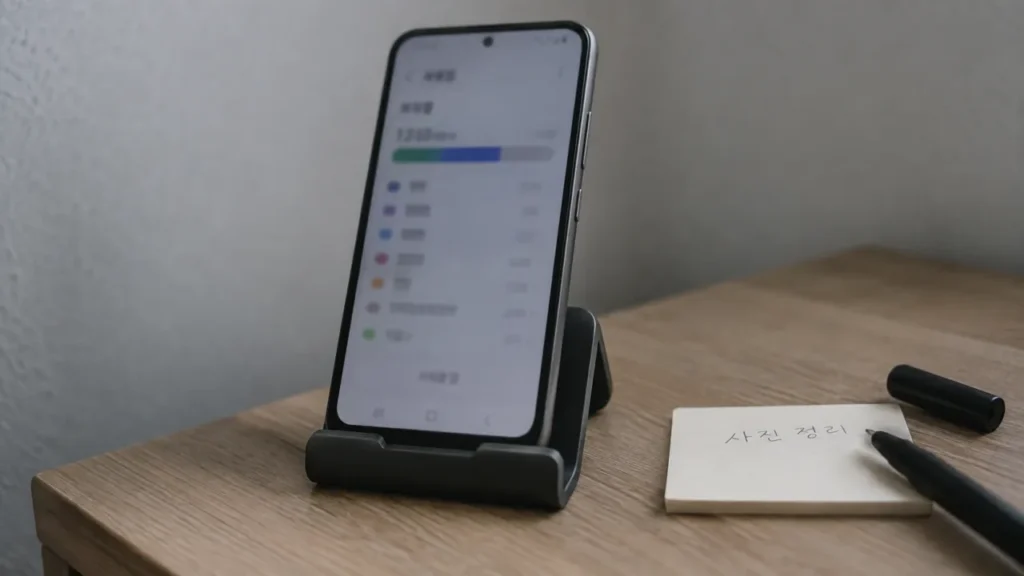 저장공간 확인 화면을 띄운 스마트폰과 메모지가 놓인 책상