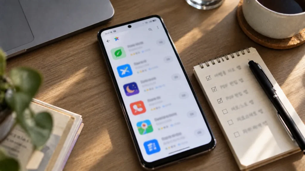 Gemini에서 추천받은 Google Play 앱 후보를 비교하는 스마트폰과 메모지