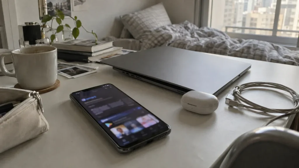 Gemini와 Google Play를 사용하는 안드로이드 스마트폰과 노트북이 놓인 책상