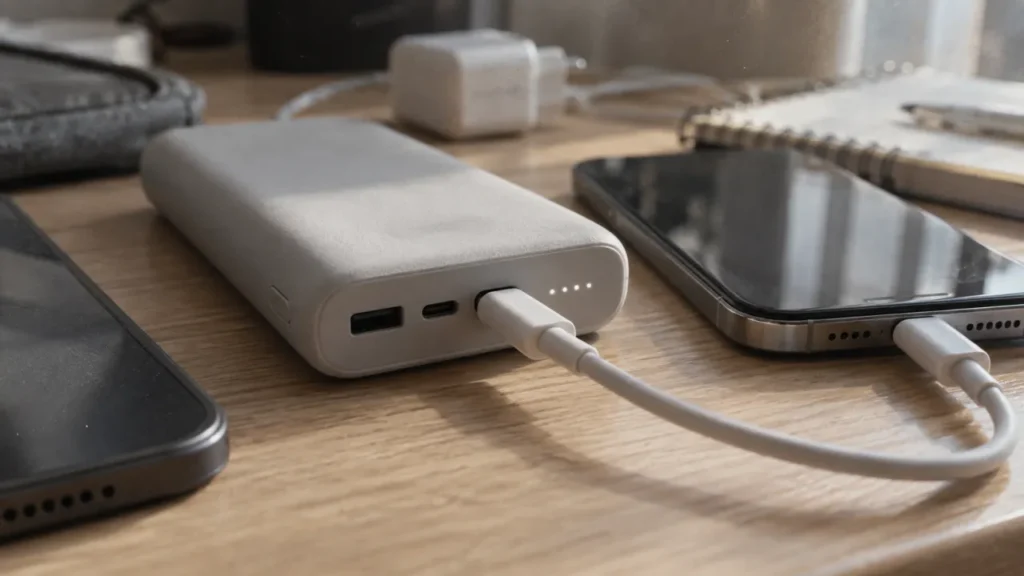 보조배터리 USB-C 포트와 C to C 케이블을 확인하는 모습