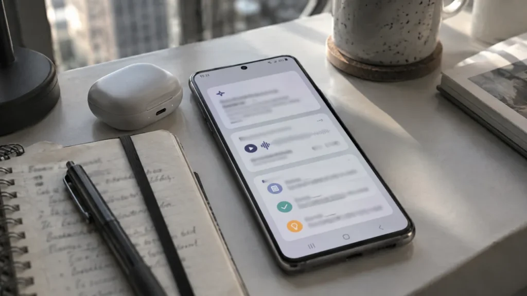 One UI 9 Galaxy AI와 음성 녹음 요약 기능을 확인하는 스마트폰