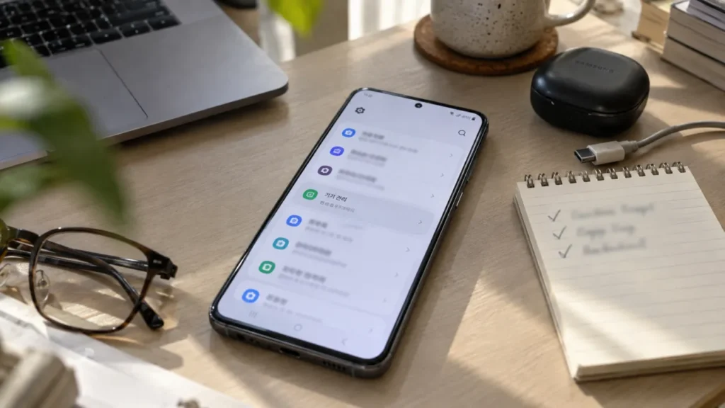 One UI 9 업데이트 후 갤럭시 설정과 기기 관리 메뉴를 확인하는 모습