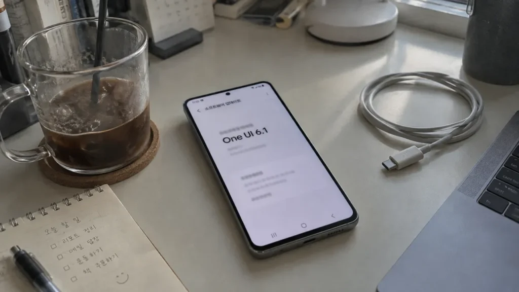 One UI 9 업데이트 후 갤럭시 설정 화면을 확인하는 책상 모습