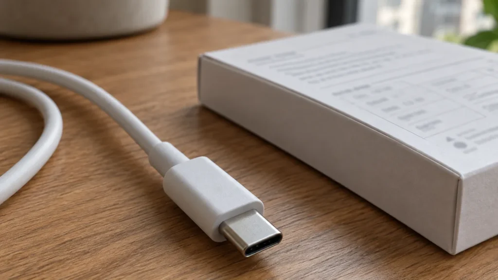 USB-C 케이블의 커넥터와 제품 포장의 사양 영역을 살펴보는 모습