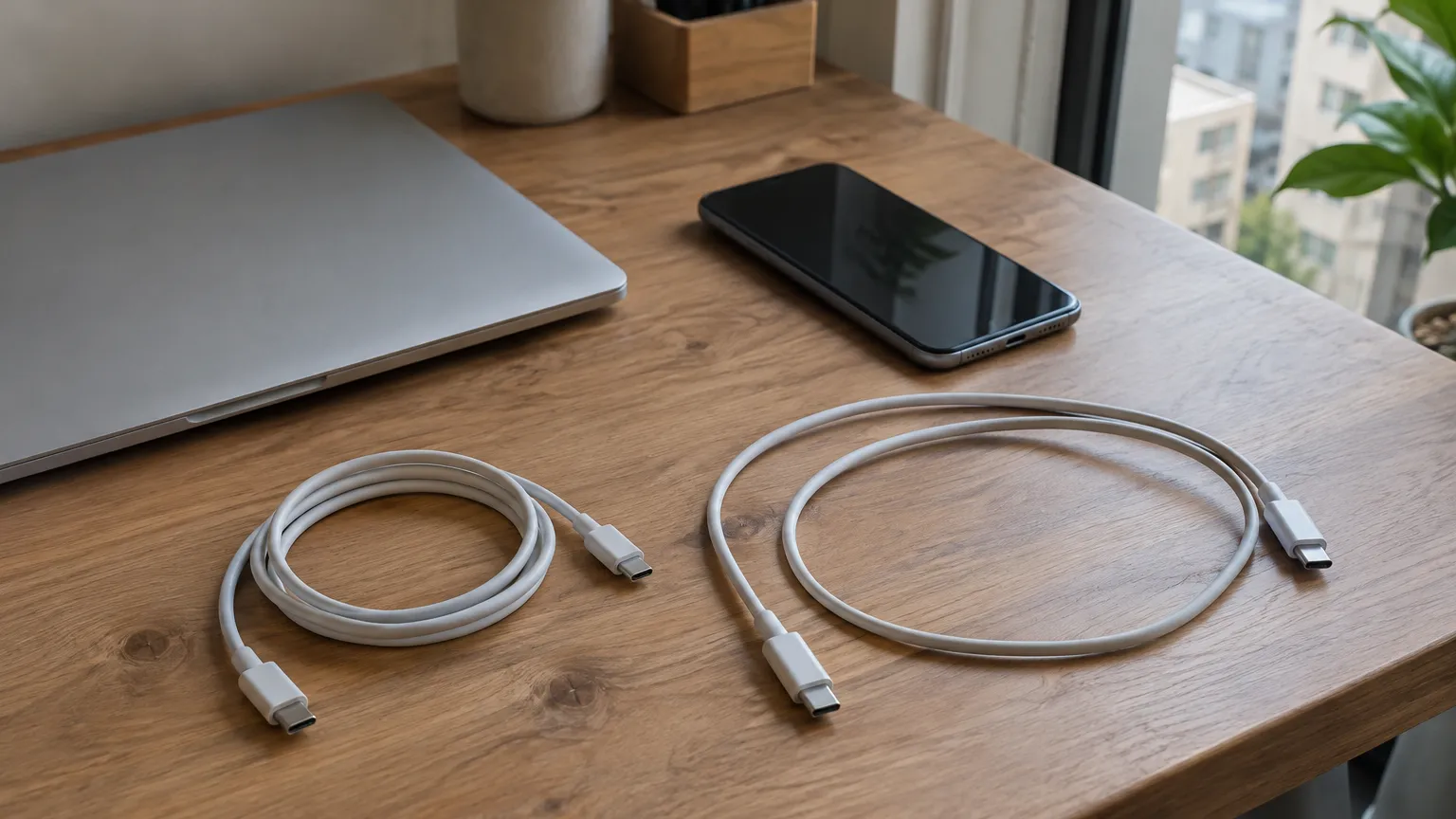 데이터 케이블 구분 - 노트북과 스마트폰 옆에 놓인 외관이 비슷한 USB-C 케이블 두 개
